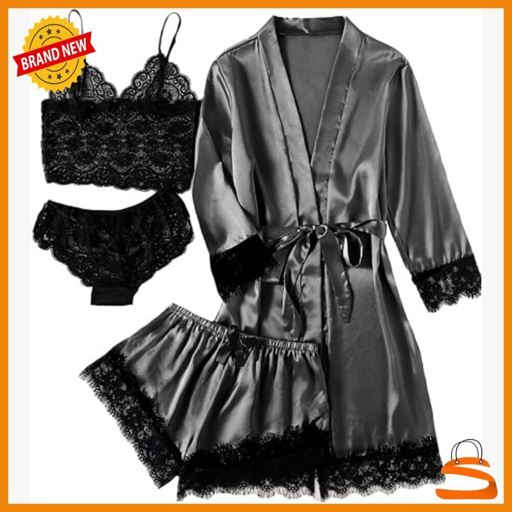 Satin Floral Lace Trim Cami Pajama Set with Robe 4pcs Sleepwear